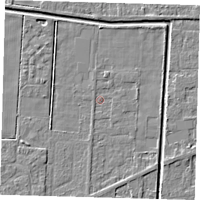 Shaded relief map of the ground around PE217QR, computed from Environment Agency LiDAR. The ground here sits at about 2 m above sea level and falls 4 m across the surrounding 800 m. Surface water reaching this point runs off ground lying to the north-north-east, 0.6 m higher.
