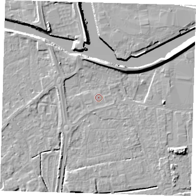 Shaded relief map of the ground around PE217QS, computed from Environment Agency LiDAR. The ground here sits at about 3 m above sea level and falls 7 m across the surrounding 800 m. Surface water reaching this point runs off ground lying to the south-east, 0.6 m higher.