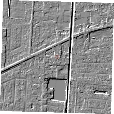 Shaded relief map of the ground around PE217QX, computed from Environment Agency LiDAR. The ground here sits at about 3 m above sea level and falls 4 m across the surrounding 800 m. Surface water reaching this point runs off ground lying to the east, 0.5 m higher.