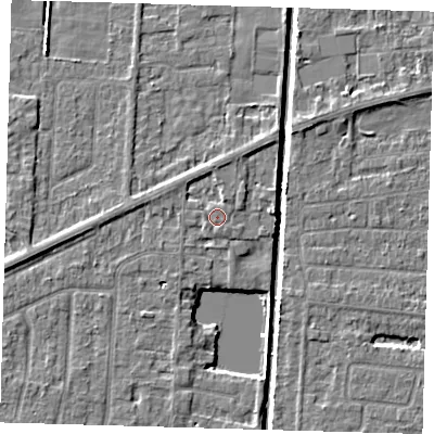 Shaded relief map of the ground around PE217QY, computed from Environment Agency LiDAR. The ground here sits at about 3 m above sea level and falls 4 m across the surrounding 800 m. Surface water reaching this point runs off ground lying to the south, 0.7 m higher.