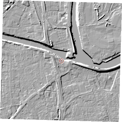 Shaded relief map of the ground around PE217RA, computed from Environment Agency LiDAR. The ground here sits at about 3 m above sea level and falls 8 m across the surrounding 800 m. Surface water reaching this point runs off ground lying to the east-south-east, 6.9 m higher.