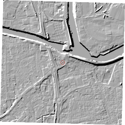 Shaded relief map of the ground around PE217RB, computed from Environment Agency LiDAR. The ground here sits at about 3 m above sea level and falls 8 m across the surrounding 800 m. Surface water reaching this point runs off ground lying to the north-north-east, 1.7 m higher.