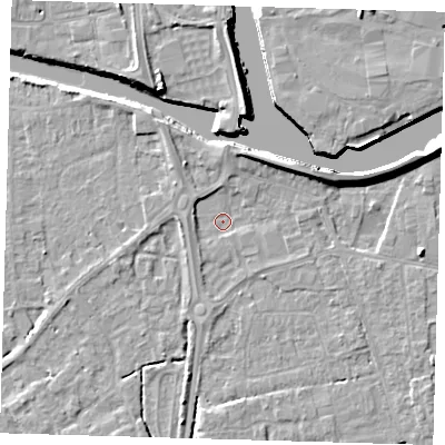 Shaded relief map of the ground around PE217RD, computed from Environment Agency LiDAR. The ground here sits at about 2 m above sea level and falls 8 m across the surrounding 800 m. Surface water reaching this point runs off ground lying to the west, 1.7 m higher.