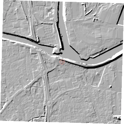 Shaded relief map of the ground around PE217RE, computed from Environment Agency LiDAR. The ground here sits at about 4 m above sea level and falls 8 m across the surrounding 800 m. Surface water reaching this point runs off ground lying to the north, 3.0 m higher.