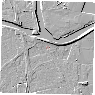Shaded relief map of the ground around PE217RF, computed from Environment Agency LiDAR. The ground here sits at about 3 m above sea level and falls 8 m across the surrounding 800 m. Surface water reaching this point runs off ground lying to the north-north-west, 4.0 m higher.