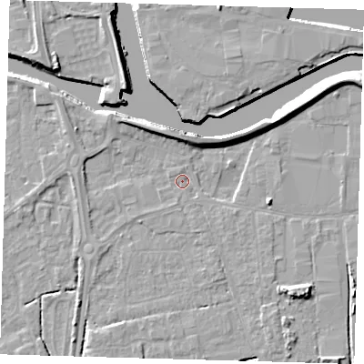 Shaded relief map of the ground around PE217RG, computed from Environment Agency LiDAR. The ground here sits at about 3 m above sea level and falls 8 m across the surrounding 800 m. Surface water reaching this point runs off ground lying to the south-south-east, 1.9 m higher.