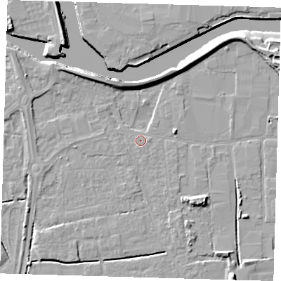 Shaded relief map of the ground around PE217RJ, computed from Environment Agency LiDAR. The ground here sits at about 3 m above sea level and falls 8 m across the surrounding 800 m. Surface water reaching this point runs off ground lying to the south-east, 4.6 m higher.