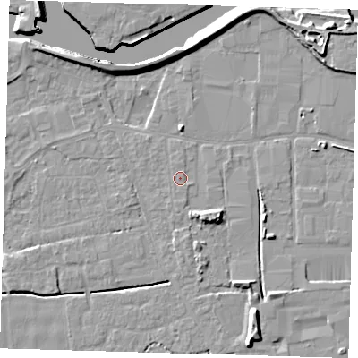 Shaded relief map of the ground around PE217RL, computed from Environment Agency LiDAR. The ground here sits at about 3 m above sea level and falls 9 m across the surrounding 800 m. Surface water reaching this point runs off ground lying to the south, 0.5 m higher.