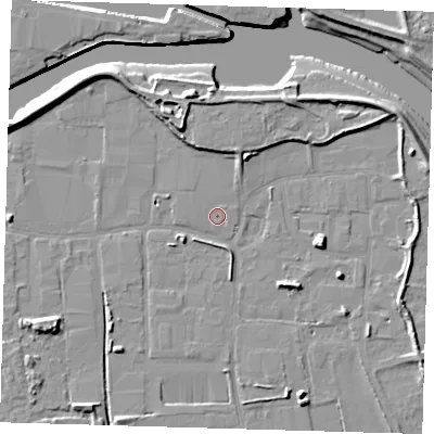 Shaded relief map of the ground around PE217RP, computed from Environment Agency LiDAR. The ground here sits at about 3 m above sea level and falls 9 m across the surrounding 800 m. Surface water reaching this point runs off ground lying to the north-north-east, 3.1 m higher.