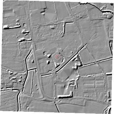 Shaded relief map of the ground around PE217RQ, computed from Environment Agency LiDAR. The ground here sits at about 3 m above sea level and falls 8 m across the surrounding 800 m. Surface water reaching this point runs off ground lying to the south-south-west, 3.6 m higher.