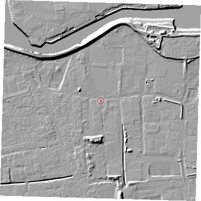 Shaded relief map of the ground around PE217RS, computed from Environment Agency LiDAR. The ground here sits at about 3 m above sea level and falls 9 m across the surrounding 800 m. Surface water reaching this point runs off ground lying to the north-east, 7.6 m higher.