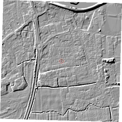 Shaded relief map of the ground around PE217RT, computed from Environment Agency LiDAR. The ground here sits at about 3 m above sea level and falls 7 m across the surrounding 800 m. Surface water reaching this point runs off ground lying to the north-west, 1.7 m higher.