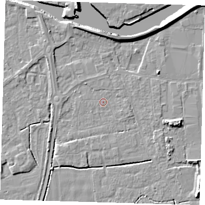 Shaded relief map of the ground around PE217RU, computed from Environment Agency LiDAR. The ground here sits at about 3 m above sea level and falls 8 m across the surrounding 800 m. Surface water reaching this point runs off ground lying to the west, 1.3 m higher.