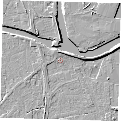 Shaded relief map of the ground around PE217RX, computed from Environment Agency LiDAR. The ground here sits at about 3 m above sea level and falls 8 m across the surrounding 800 m. Surface water reaching this point runs off ground lying to the north-north-west, 2.6 m higher.