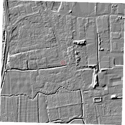Shaded relief map of the ground around PE217RZ, computed from Environment Agency LiDAR. The ground here sits at about 3 m above sea level and falls 8 m across the surrounding 800 m. Surface water reaching this point runs off ground lying to the east-north-east, 3.3 m higher.