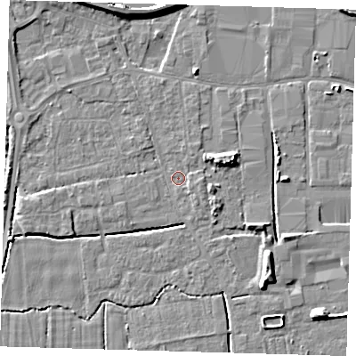 Shaded relief map of the ground around PE217SA, computed from Environment Agency LiDAR. The ground here sits at about 3 m above sea level and falls 8 m across the surrounding 800 m. Surface water reaching this point runs off ground lying to the east-south-east, 1.1 m higher.