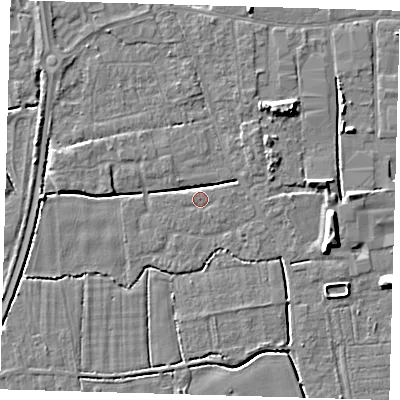 Shaded relief map of the ground around PE217SD, computed from Environment Agency LiDAR. The ground here sits at about 3 m above sea level and falls 8 m across the surrounding 800 m. Surface water reaching this point runs off ground lying to the east-north-east, 3.4 m higher.
