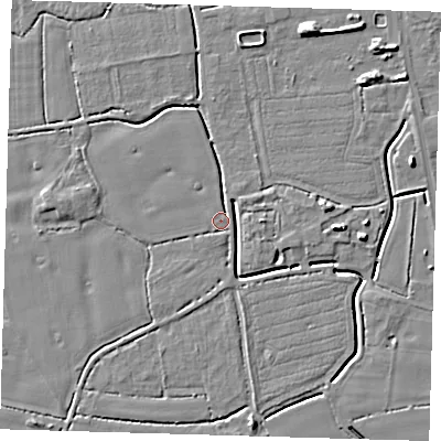 Shaded relief map of the ground around PE217SF, computed from Environment Agency LiDAR. The ground here sits at about 3 m above sea level and falls 8 m across the surrounding 800 m. Surface water reaching this point runs off ground lying to the south-west, 1.6 m higher.