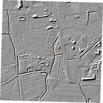 Shaded relief map of the ground around PE217SH, computed from Environment Agency LiDAR. The ground here sits at about 3 m above sea level and falls 8 m across the surrounding 800 m. Surface water reaching this point runs off ground lying to the south-west, 5.9 m higher.