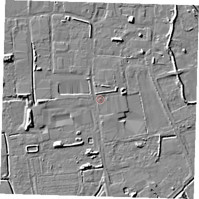 Shaded relief map of the ground around PE217SJ, computed from Environment Agency LiDAR. The ground here sits at about 3 m above sea level and falls 8 m across the surrounding 800 m. Surface water reaching this point runs off ground lying to the east-north-east, 2.1 m higher.