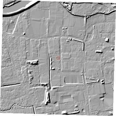 Shaded relief map of the ground around PE217SL, computed from Environment Agency LiDAR. The ground here sits at about 3 m above sea level and falls 9 m across the surrounding 800 m. Surface water reaching this point runs off ground lying to the south, 2.8 m higher.