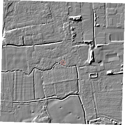 Shaded relief map of the ground around PE217SR, computed from Environment Agency LiDAR. The ground here sits at about 3 m above sea level and falls 8 m across the surrounding 800 m. Surface water reaching this point runs off ground lying to the east-north-east, 7.1 m higher.