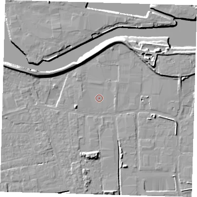 Shaded relief map of the ground around PE217SU, computed from Environment Agency LiDAR. The ground here sits at about 3 m above sea level and falls 9 m across the surrounding 800 m. The ground contributing surface water to this point lies to the west-south-west.