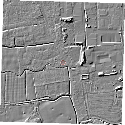 Shaded relief map of the ground around PE217SX, computed from Environment Agency LiDAR. The ground here sits at about 2 m above sea level and falls 8 m across the surrounding 800 m. Surface water reaching this point runs off ground lying to the north-north-east, 0.8 m higher.