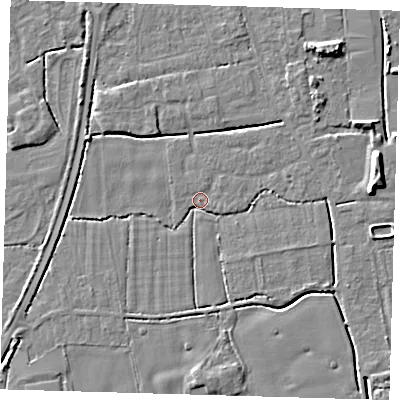 Shaded relief map of the ground around PE217SY, computed from Environment Agency LiDAR. The ground here sits at about 2 m above sea level and falls 7 m across the surrounding 800 m. Surface water reaching this point runs off ground lying to the west-south-west, 1.6 m higher.