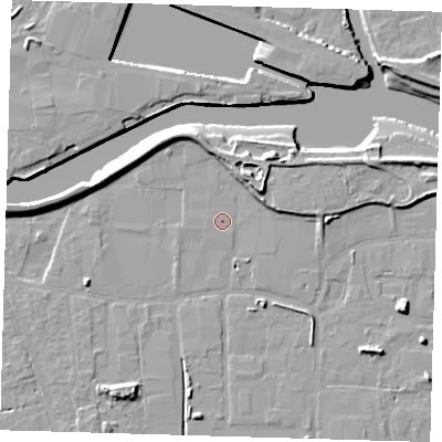 Shaded relief map of the ground around PE217SZ, computed from Environment Agency LiDAR. The ground here sits at about 3 m above sea level and falls 9 m across the surrounding 800 m. The ground contributing surface water to this point lies to the west.