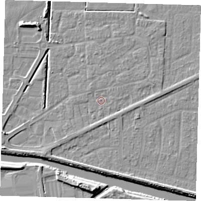 Shaded relief map of the ground around PE217TA, computed from Environment Agency LiDAR. The ground here sits at about 2 m above sea level and falls 9 m across the surrounding 800 m. Surface water reaching this point runs off ground lying to the east, 1.7 m higher.