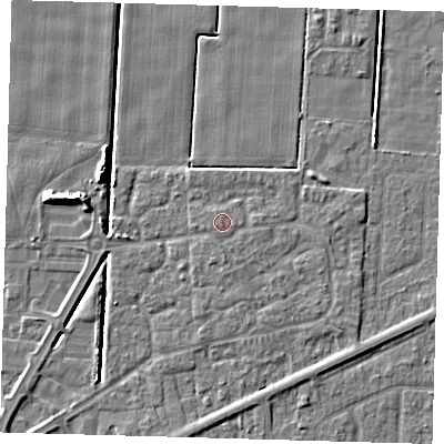 Shaded relief map of the ground around PE217TE, computed from Environment Agency LiDAR. The ground here sits at about 3 m above sea level and falls 7 m across the surrounding 800 m. The ground contributing surface water to this point lies to the south-west.