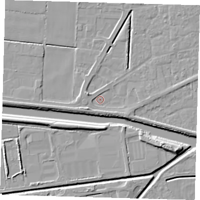 Shaded relief map of the ground around PE217TF, computed from Environment Agency LiDAR. The ground here sits at about 2 m above sea level and falls 9 m across the surrounding 800 m. Surface water reaching this point runs off ground lying to the south-west, 3.0 m higher.