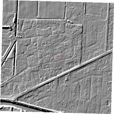 Shaded relief map of the ground around PE217TG, computed from Environment Agency LiDAR. The ground here sits at about 3 m above sea level and falls 7 m across the surrounding 800 m. Surface water reaching this point runs off ground lying to the west-south-west, 0.6 m higher.