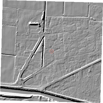 Shaded relief map of the ground around PE217TH, computed from Environment Agency LiDAR. The ground here sits at about 2 m above sea level and falls 7 m across the surrounding 800 m. Surface water reaching this point runs off ground lying to the south-west, 5.5 m higher.