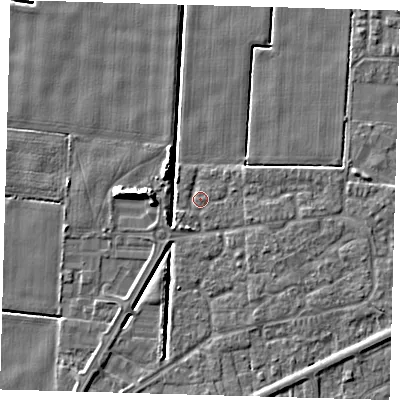 Shaded relief map of the ground around PE217TL, computed from Environment Agency LiDAR. The ground here sits at about 2 m above sea level and falls 7 m across the surrounding 800 m. Surface water reaching this point runs off ground lying to the south-east, 1.9 m higher.