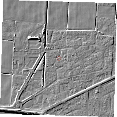 Shaded relief map of the ground around PE217TP, computed from Environment Agency LiDAR. The ground here sits at about 2 m above sea level and falls 7 m across the surrounding 800 m. Surface water reaching this point runs off ground lying to the south-west, 5.5 m higher.