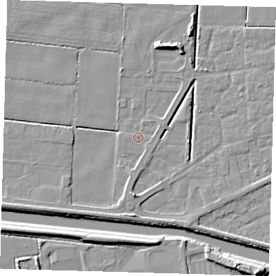 Shaded relief map of the ground around PE217TQ, computed from Environment Agency LiDAR. The ground here sits at about 2 m above sea level and falls 9 m across the surrounding 800 m. Surface water reaching this point runs off ground lying to the east-north-east, 1.2 m higher.