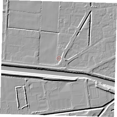 Shaded relief map of the ground around PE217TR, computed from Environment Agency LiDAR. The ground here sits at about 2 m above sea level and falls 8 m across the surrounding 800 m. Surface water reaching this point runs off ground lying to the south-south-east, 3.7 m higher.
