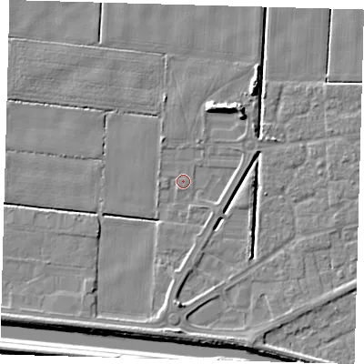 Shaded relief map of the ground around PE217TT, computed from Environment Agency LiDAR. The ground here sits at about 2 m above sea level and falls 7 m across the surrounding 800 m. Surface water reaching this point runs off ground lying to the north-north-west, 1.2 m higher.