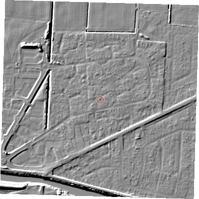 Shaded relief map of the ground around PE217TU, computed from Environment Agency LiDAR. The ground here sits at about 3 m above sea level and falls 7 m across the surrounding 800 m. Surface water reaching this point runs off ground lying to the east-north-east, 0.5 m higher.