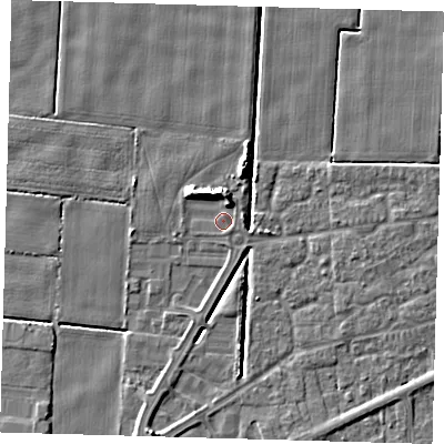 Shaded relief map of the ground around PE217TW, computed from Environment Agency LiDAR. The ground here sits at about 2 m above sea level and falls 7 m across the surrounding 800 m. Surface water reaching this point runs off ground lying to the north-north-east, 3.8 m higher.