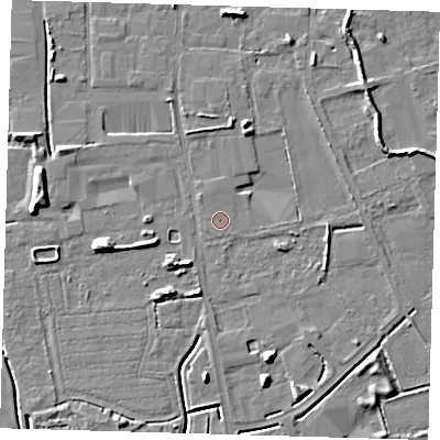 Shaded relief map of the ground around PE217TX, computed from Environment Agency LiDAR. The ground here sits at about 3 m above sea level and falls 8 m across the surrounding 800 m. The ground contributing surface water to this point lies to the south.