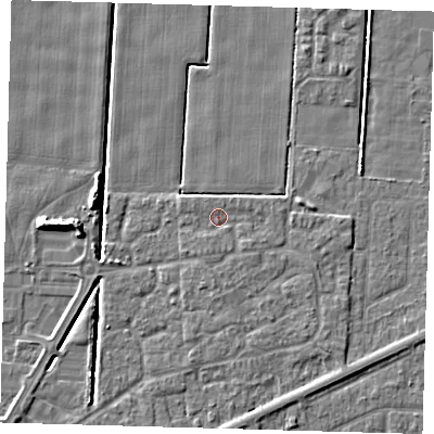 Shaded relief map of the ground around PE217TZ, computed from Environment Agency LiDAR. The ground here sits at about 2 m above sea level and falls 7 m across the surrounding 800 m. Surface water reaching this point runs off ground lying to the south, 1.1 m higher.