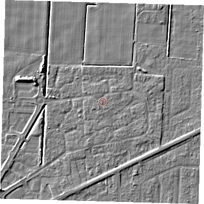 Shaded relief map of the ground around PE217UA, computed from Environment Agency LiDAR. The ground here sits at about 2 m above sea level and falls 7 m across the surrounding 800 m. Surface water reaching this point runs off ground lying to the south-west, 0.7 m higher.