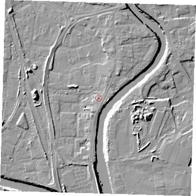 Shaded relief map of the ground around PE218AA, computed from Environment Agency LiDAR. The ground here sits at about 5 m above sea level and falls 11 m across the surrounding 800 m. Surface water reaching this point runs off ground lying to the south-south-east, 1.7 m higher.