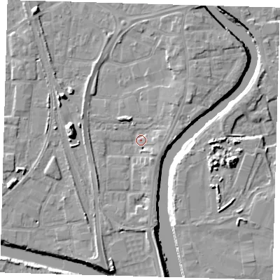 Shaded relief map of the ground around PE218AB, computed from Environment Agency LiDAR. The ground here sits at about 4 m above sea level and falls 11 m across the surrounding 800 m. Surface water reaching this point runs off ground lying to the south-south-east, 3.4 m higher.