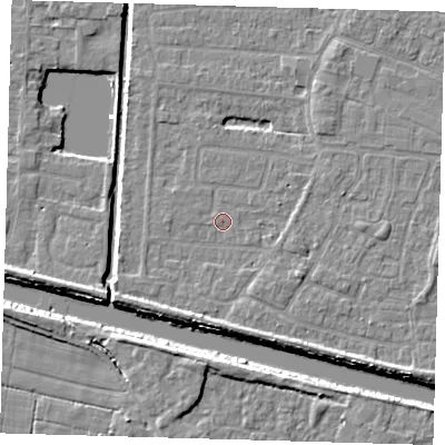 Shaded relief map of the ground around PE218AE, computed from Environment Agency LiDAR. The ground here sits at about 2 m above sea level and falls 6 m across the surrounding 800 m. Surface water reaching this point runs off ground lying to the south-south-west, 3.2 m higher.