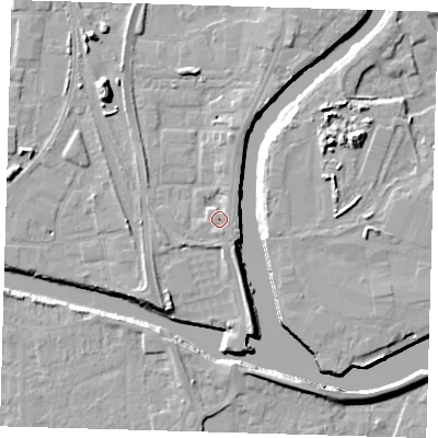 Shaded relief map of the ground around PE218AF, computed from Environment Agency LiDAR. The ground here sits at about 5 m above sea level and falls 11 m across the surrounding 800 m. Surface water reaching this point runs off ground lying to the south-south-east, 1.1 m higher.