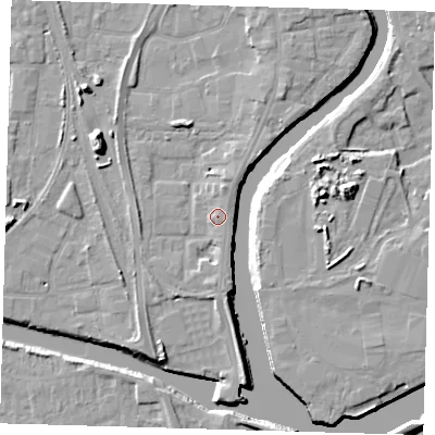 Shaded relief map of the ground around PE218AG, computed from Environment Agency LiDAR. The ground here sits at about 5 m above sea level and falls 11 m across the surrounding 800 m. Surface water reaching this point runs off ground lying to the east-south-east, 1.2 m higher.